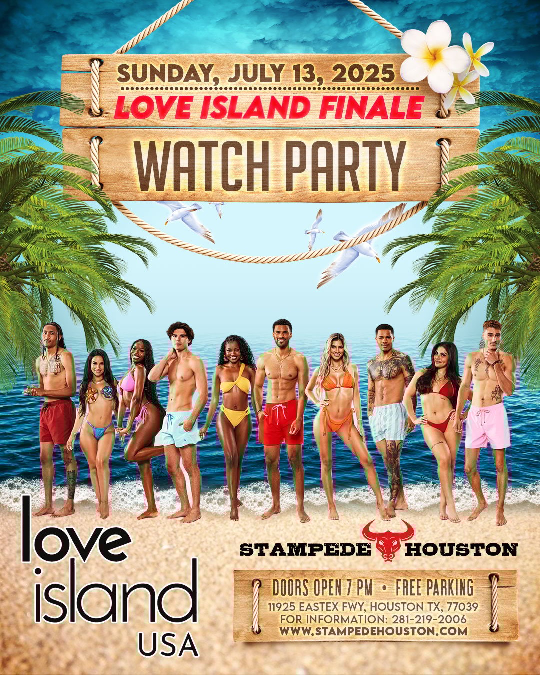 Love Island USA Finale – Watch Party at Stampede Houston on July 13 Promotional flyer for Love Island USA Final Episode Watch Party at Stampede Houston, Sunday July 13 at 7PM with tropical visuals and free parking info