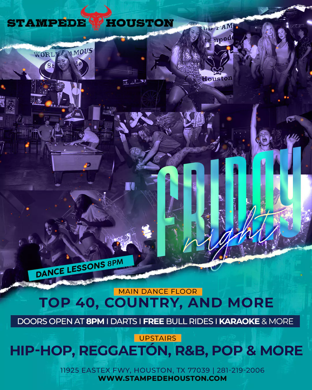 Friday Night – Houston Nightclub Party at Stampede Stampede Houston nightclub – Friday Night party with Top 40, Country, Hip-Hop, Reggaeton, R&B, karaoke & free bull rides