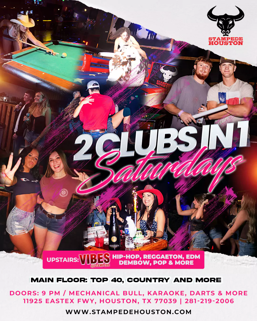 2 Clubs in 1 – Saturday Nightlife at Stampede Houston Stampede Houston nightclub – 2 clubs in 1 Saturdays with country, Top 40, hip-hop, reggaeton & EDM in Houston