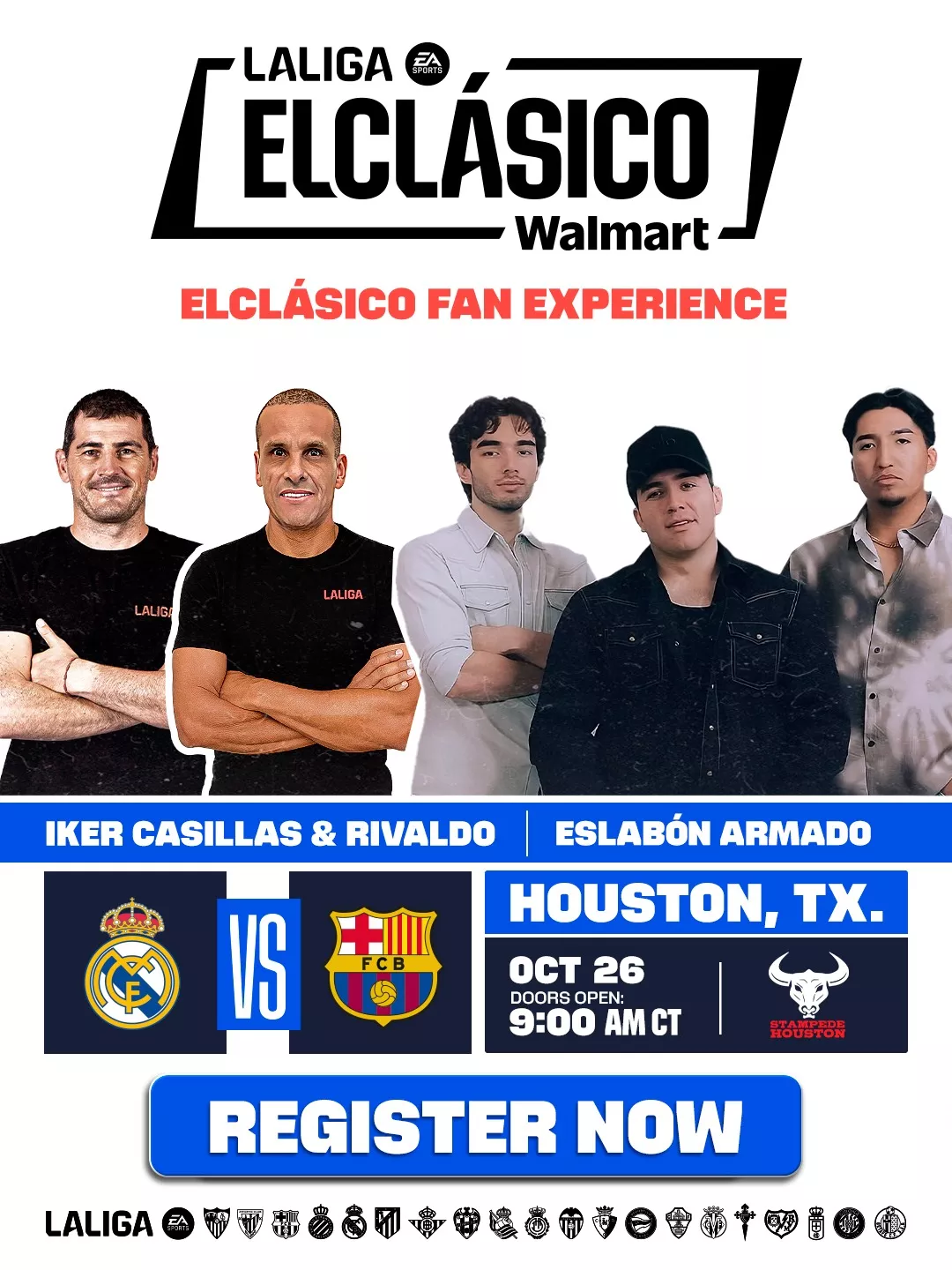 Eslabón Armado Live at Stampede Houston – ElClásico Fan Experience Promotional poster for ElClásico Fan Experience in Houston featuring Eslabón Armado live, Sunday October 26 at Stampede Houston.