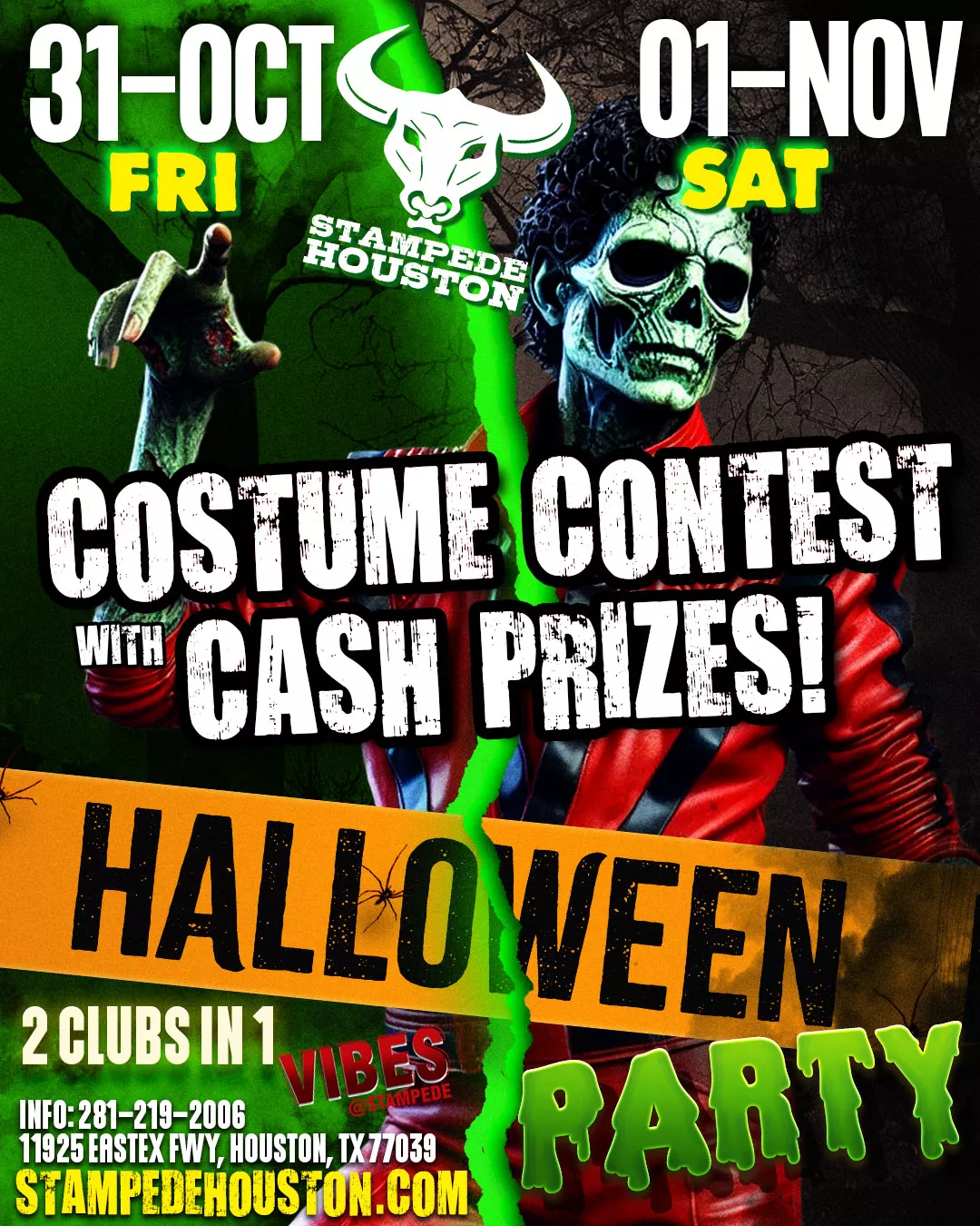 Stampede Houston Halloween Costume Contest and Party 2025 Halloween party flyer for Stampede Houston with costume contest and cash prizes