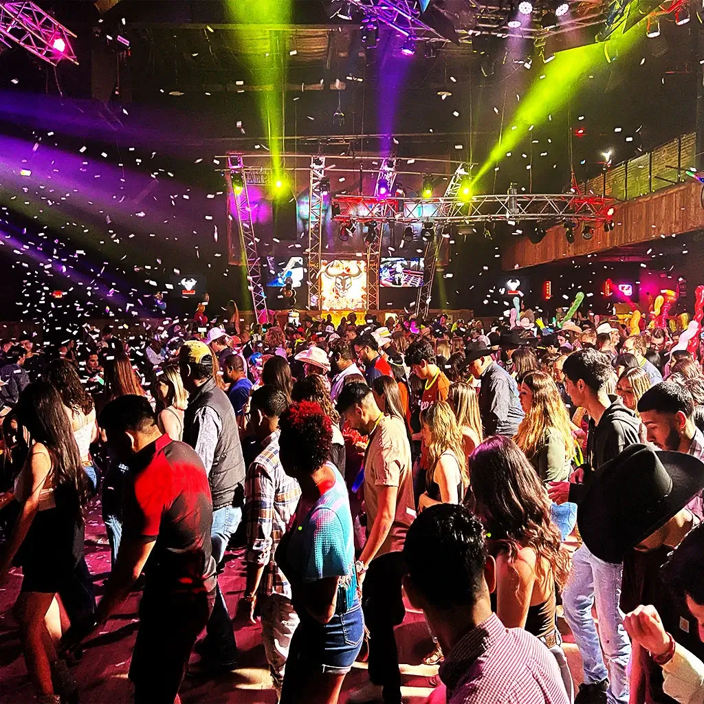 Enthusiastic crowd dancing on the main dance floor at Stampede Houston.