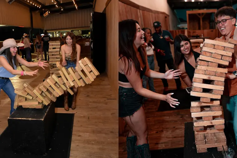 Challenge your friends to a game of Giant Jenga at Stampede's Patio.