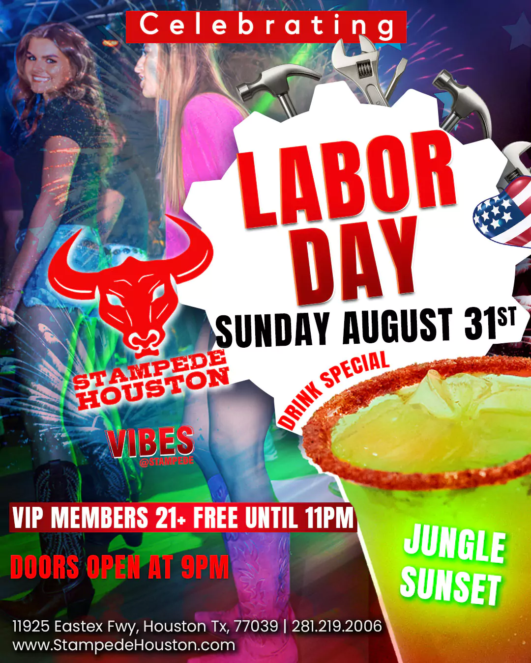 Crowd dancing at Stampede Houston during the Labor Day Sunday party, with vibrant lights and festive atmosphere