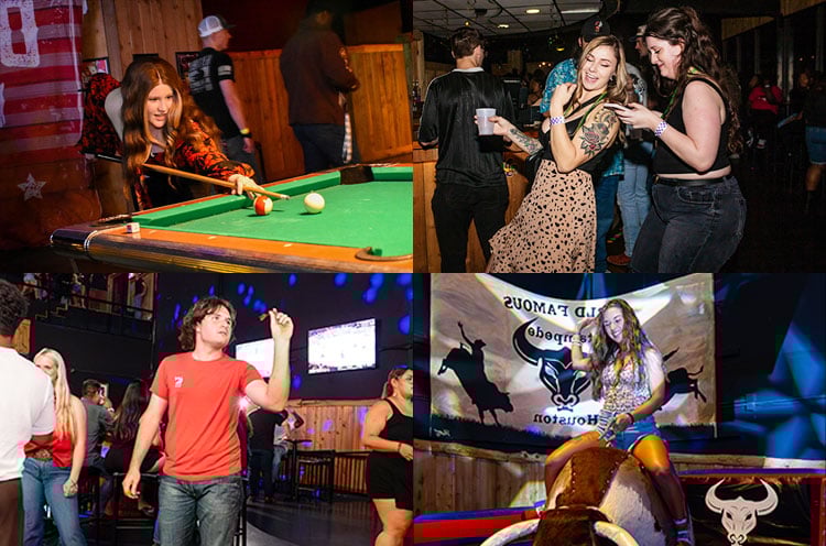 People playing pool, dancing, and enjoying different activities at Stampede Houston
