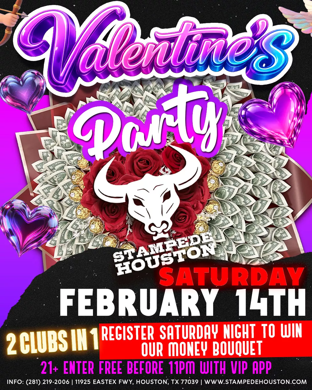 Valentine’s Day party at Stampede Houston nightclub with dancing, music and special money bouquet giveaway