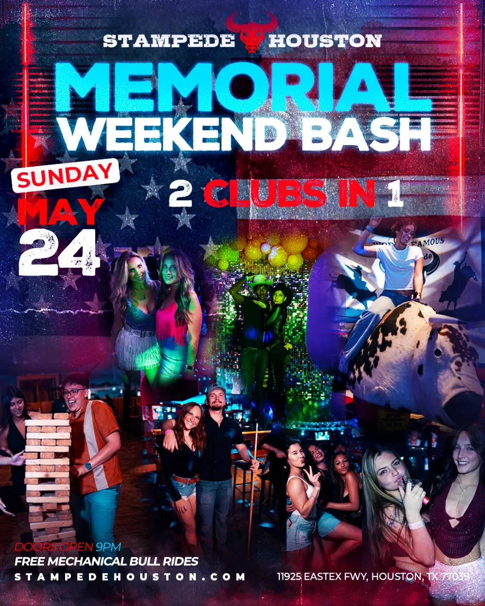 Memorial Weekend Bash at Stampede Houston nightclub with dancing, music, free mechanical bull rides and 2 clubs in 1
