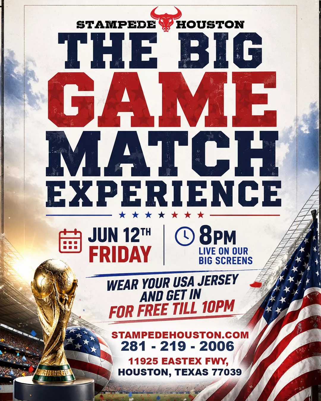 USA match watch party at Stampede Houston nightclub with big screens, free entry with USA jersey until 10 PM, drinks and nightlife